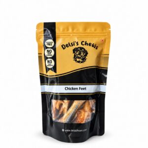 Delsi’s Chews dehydrated chicken feet in a black and gold pouch