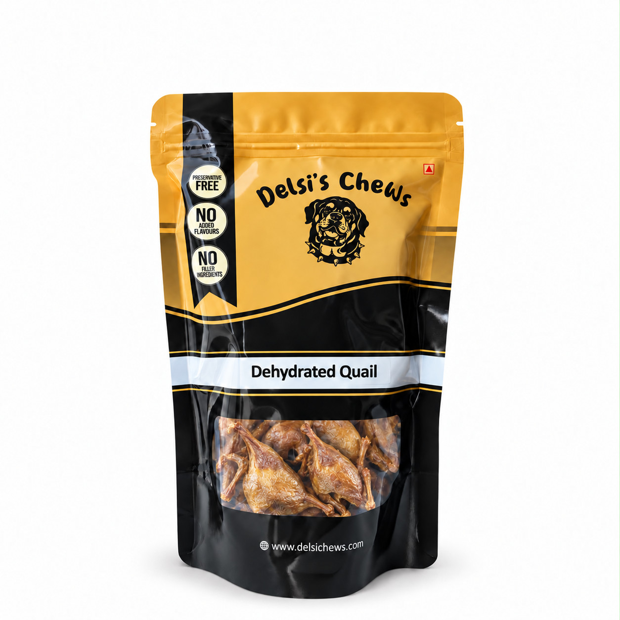 Delsi’s Chews Dehydrated Quail in a matching black-and-gold resealable pouch