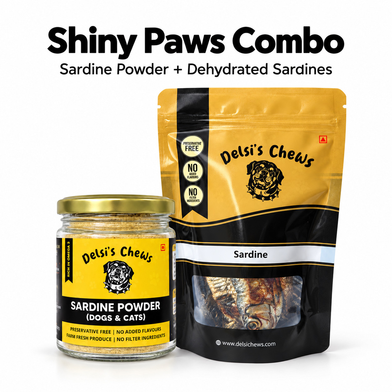 Shiny Paws Combo with a Delsi Chews sardine powder jar and dehydrated sardine pouch